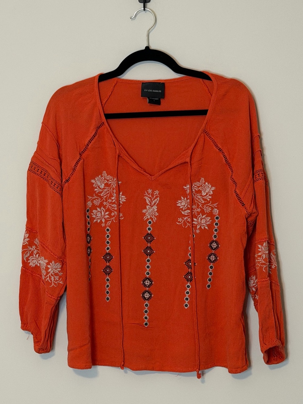LIV Los Angeles Rust Orange Embroidered Boho Blouse Size L